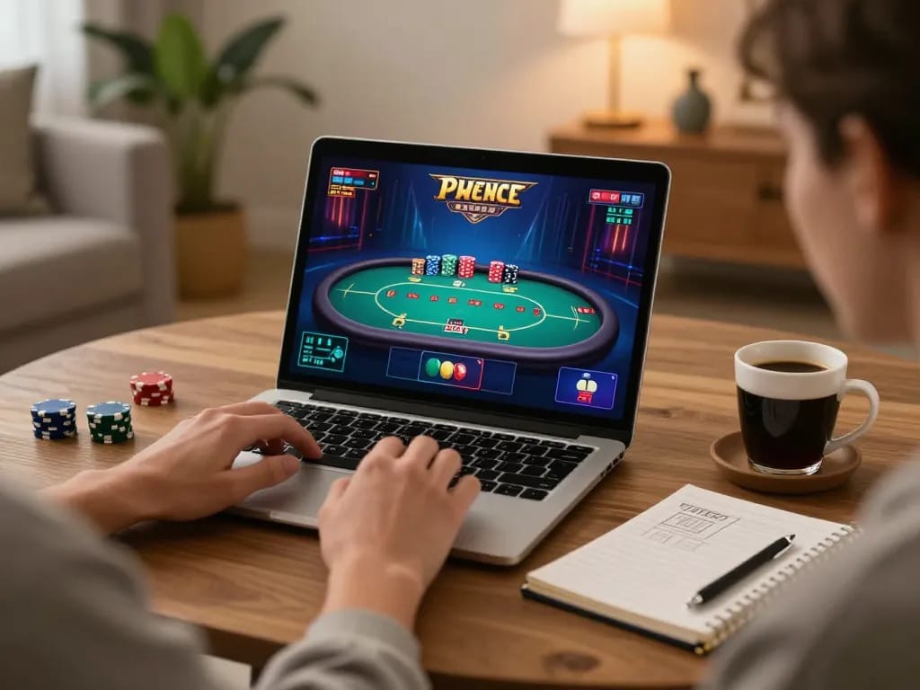 Person playing online poker at home using UG88 on a laptop with strategic notes visible.
