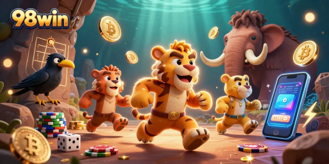 Players hit the jackpot at 98win's vibrant, animated casino scene featuring unique prehistoric elements.