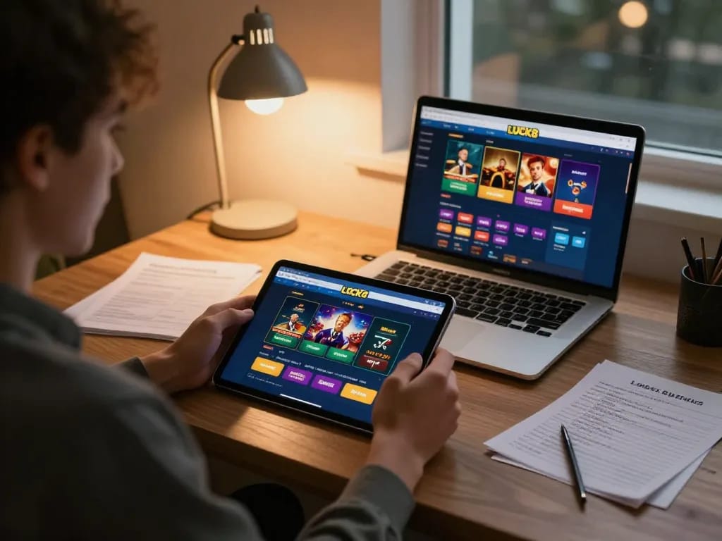 Engaging with lucks8 on a tablet, showcasing an online casino gaming setup.