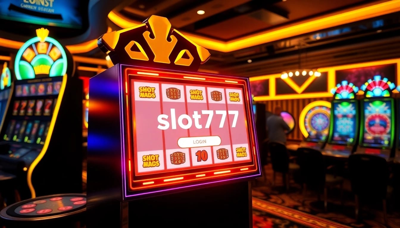 Accessing the thrilling slot777 login interface at a vibrant casino scene filled with captivating gaming elements.