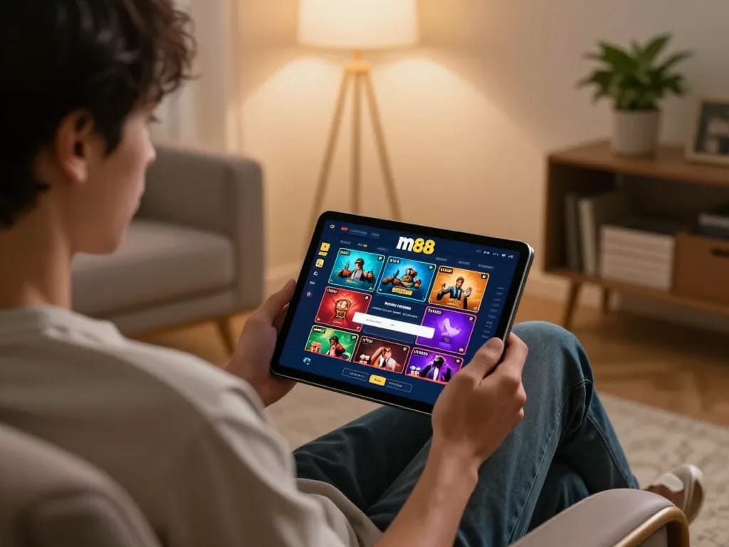 Mengakses login m88 di tablet dalam pengaturan permainan rumah yang nyaman dengan dekorasi yang stylish.