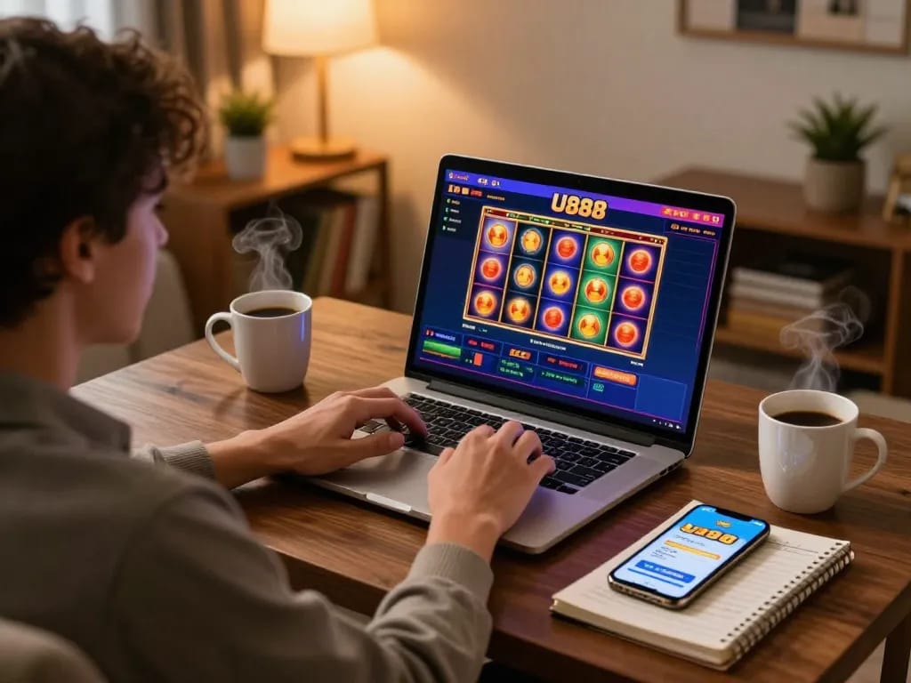 Player engaging with U888 online casino interface from a cozy home setup, showcasing strategic betting.