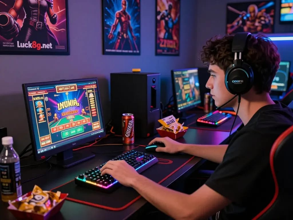 Dynamic gaming scene on https://luck8g.net with a focused player, vibrant graphics, and RGB peripherals.