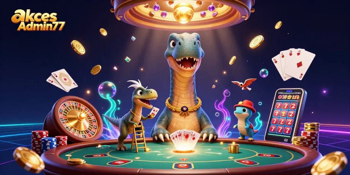 Experience thrilling wins with akses Admin77 at a vibrant online casino scene featuring a 3D brontosaurus.