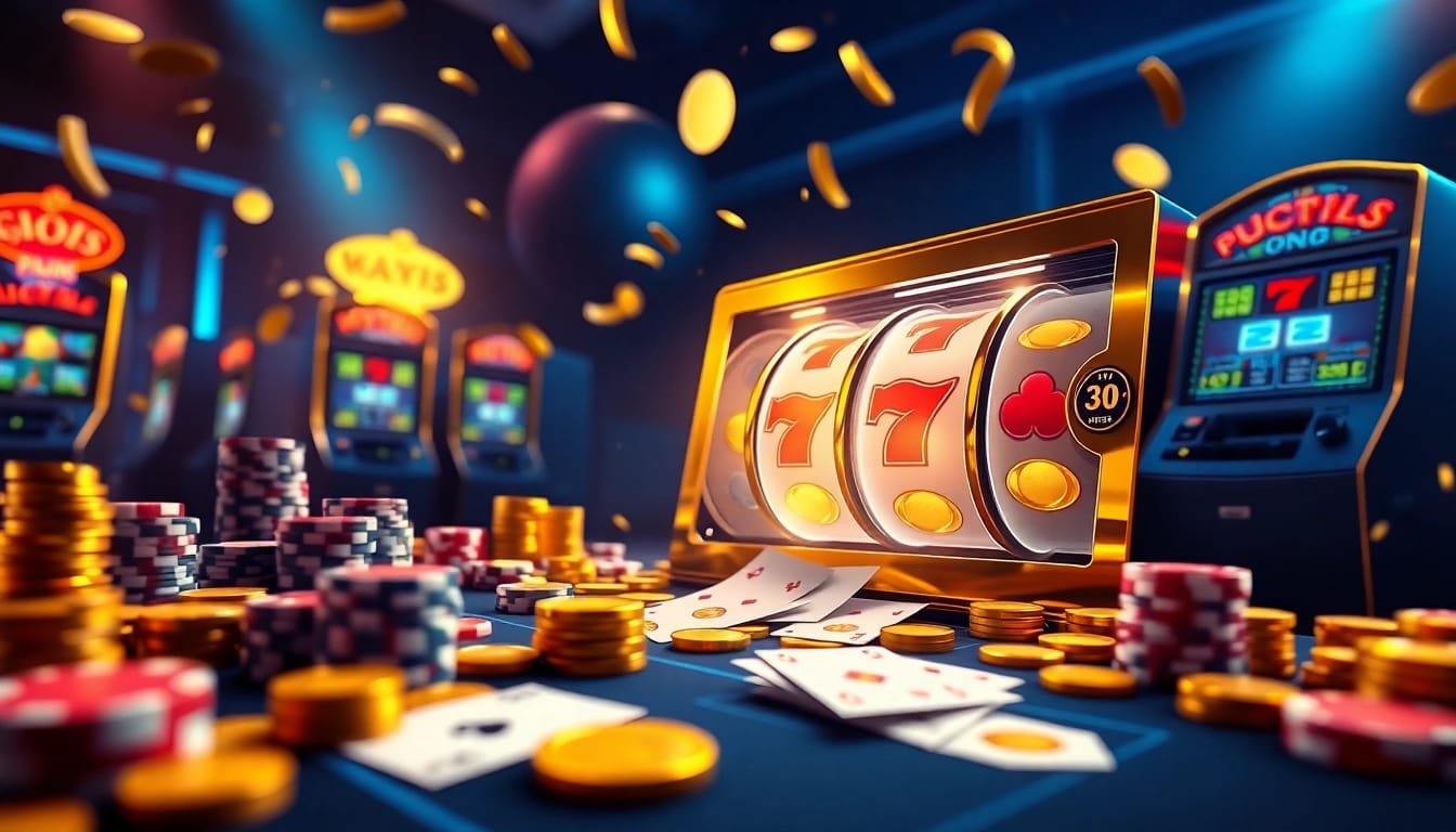 Exciting slot qris 10k gaming interface with luxurious casino elements, featuring vibrant slot machines and dynamic lighting.