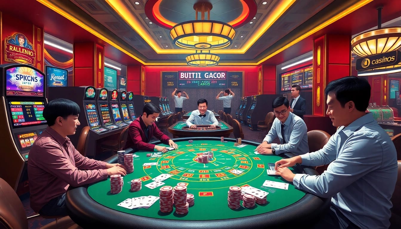 Situs Gacor ditampilkan dalam lingkungan kasino yang hidup dengan para pemain yang terlibat dalam permainan poker dan mesin slot yang berwarna-warni.