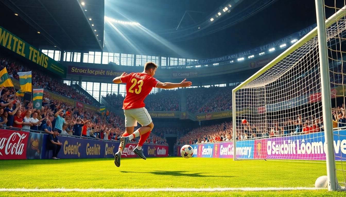 Bóng đá socolive captures the excitement of a live soccer match with fans cheering and a player scoring a goal.