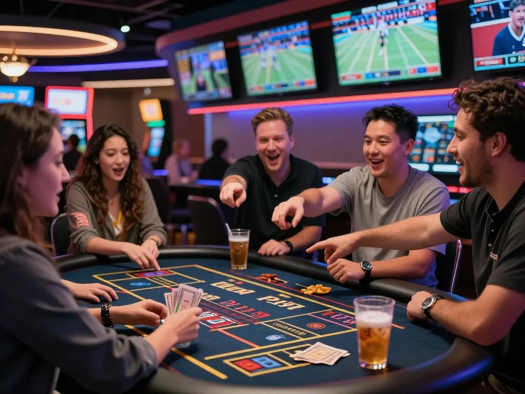 Bongdalu sports bettors engaging with live events at the casino, showcasing excitement and team spirit.