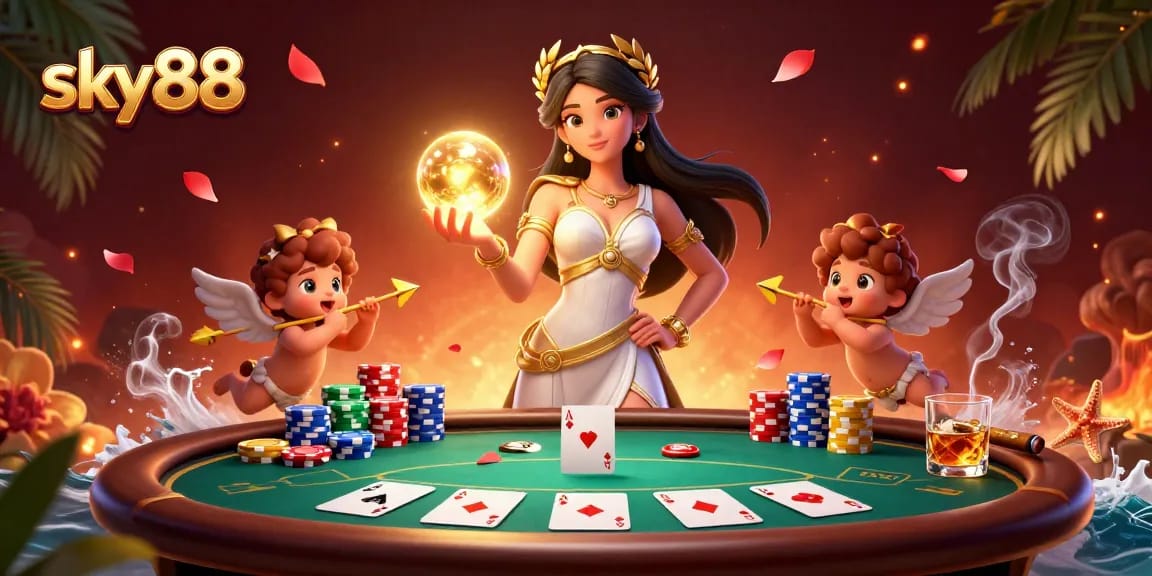 Sky88 casino experience with a Grecian goddess and Cupid cherubs amidst vibrant poker elements.