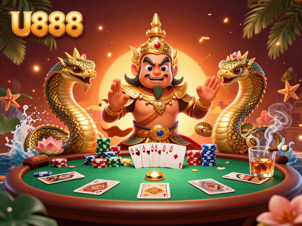 Join the excitement at U888 with vibrant poker action in an enchanting 3D illustration.