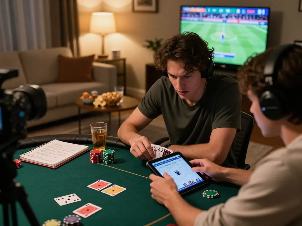 23WIN player enjoying an intense online poker game in a cozy setting, showcasing focused gameplay.