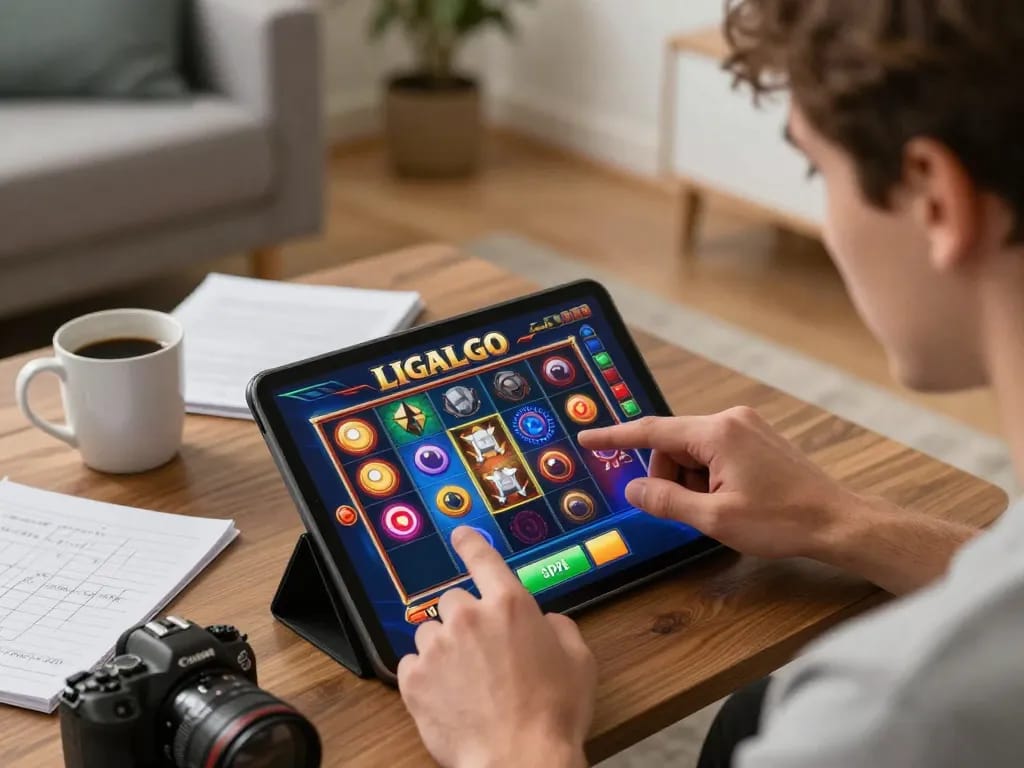 LIGALGO player enjoying an exciting slot game session on a tablet in a cozy living room.