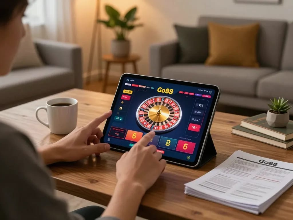 TẢI GO88 app on tablet in a cozy home gaming setup with vibrant roulette wheel display and strategy notes.