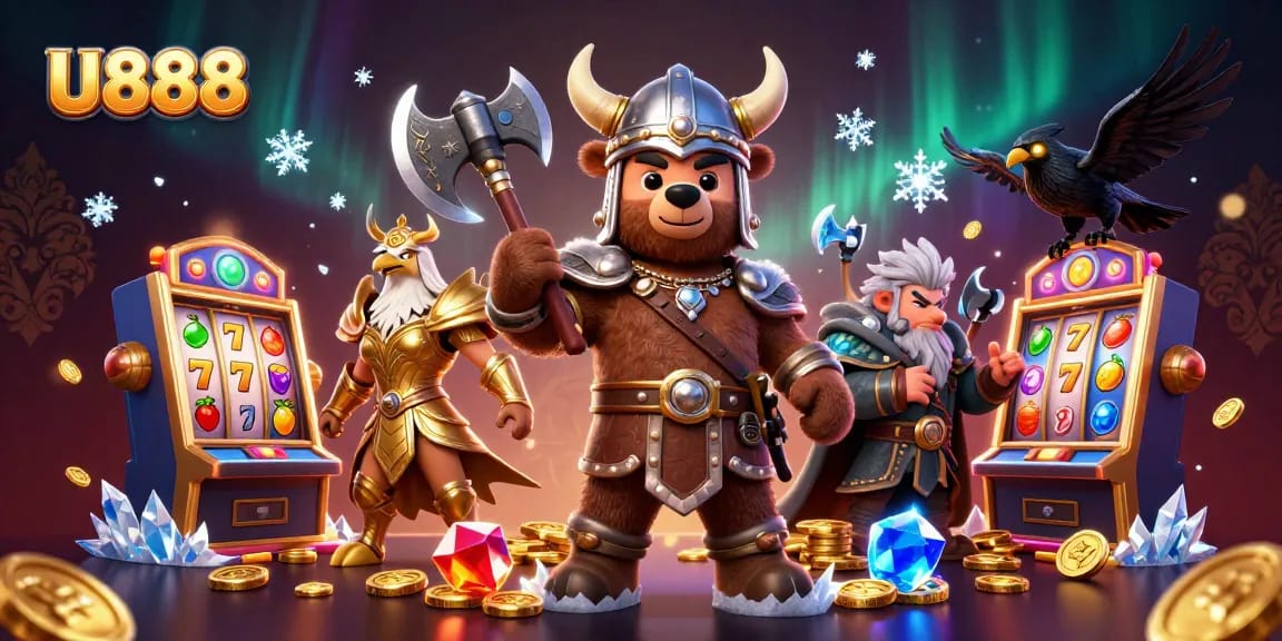 Win big with U888 on an exciting 3D cartoon gaming scene featuring characters and thrilling slot machines.