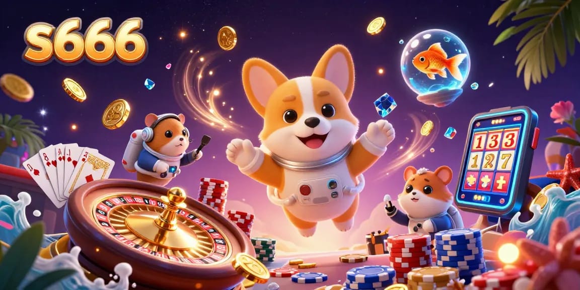 Experience thrilling games at s666 with vibrant characters in a dynamic casino illustration.