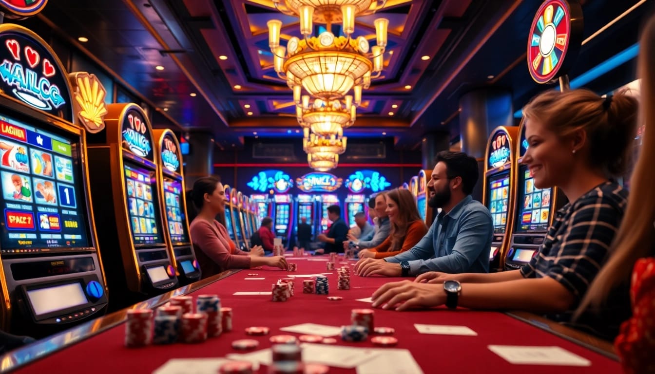 Experience the thrill of slot gacor machines in a vibrant casino scene with active players.