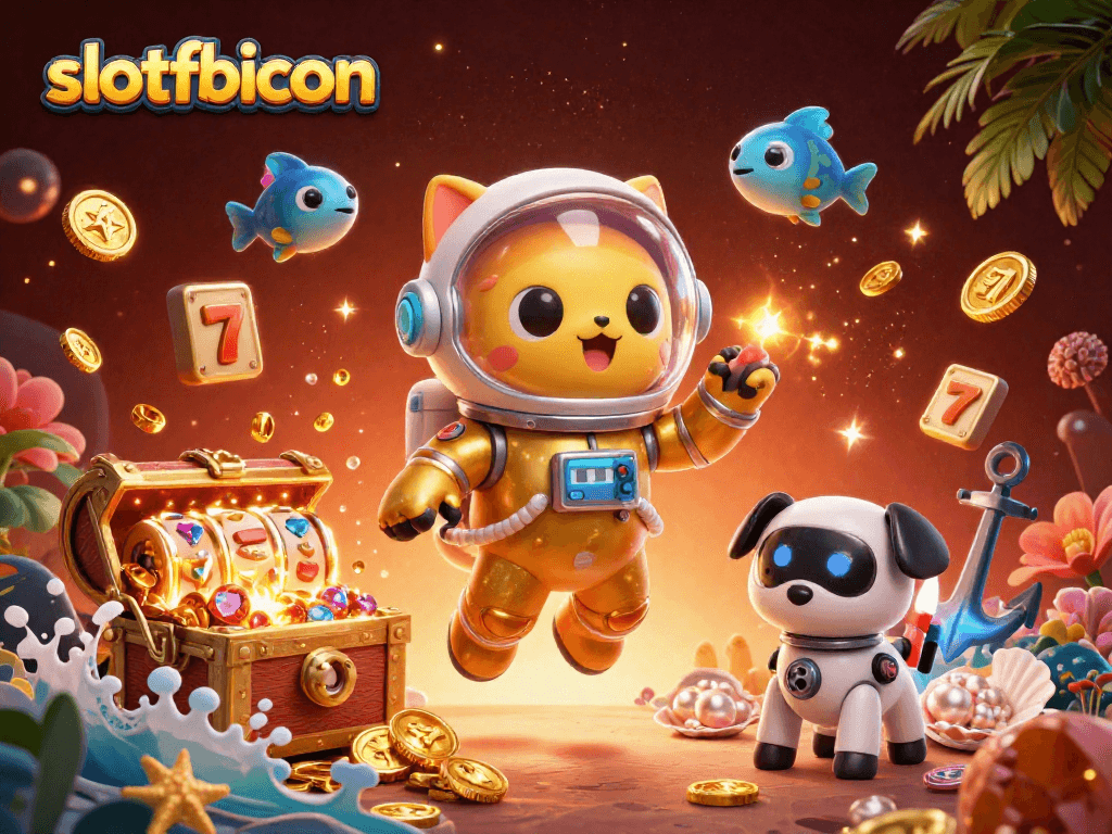 Slotfbicon showcases a vibrant 3D illustration combining gambling elements with imaginative characters.