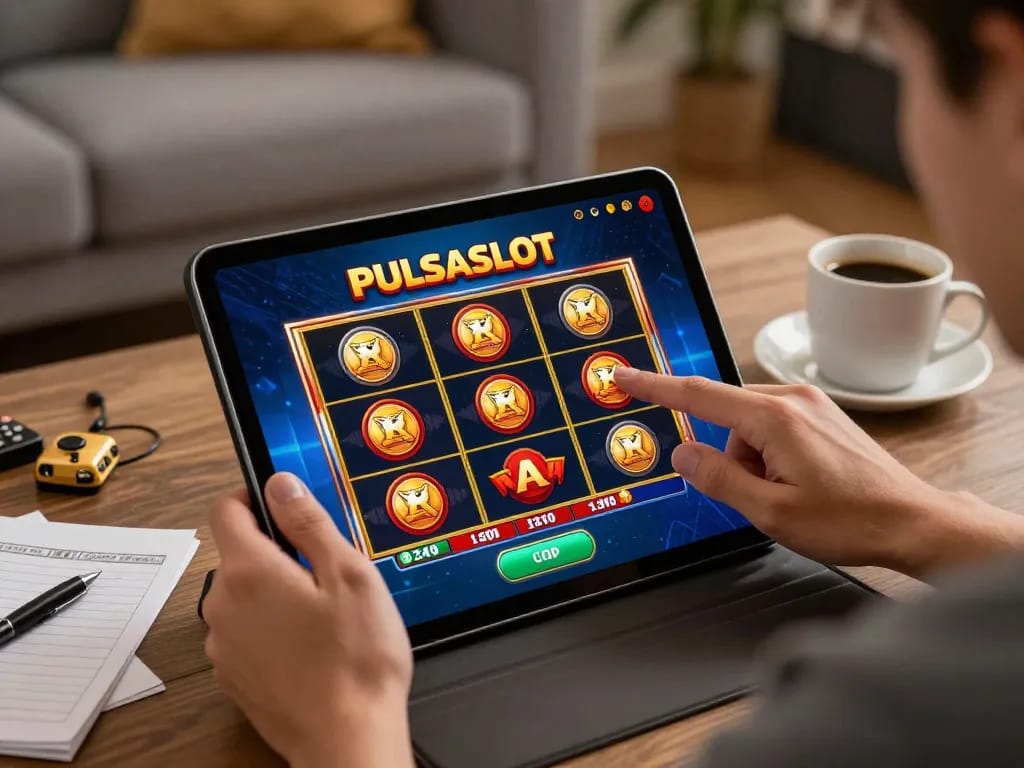 PULSASLOT player gearing up for thrilling slot machine excitement in a cozy home setting.
