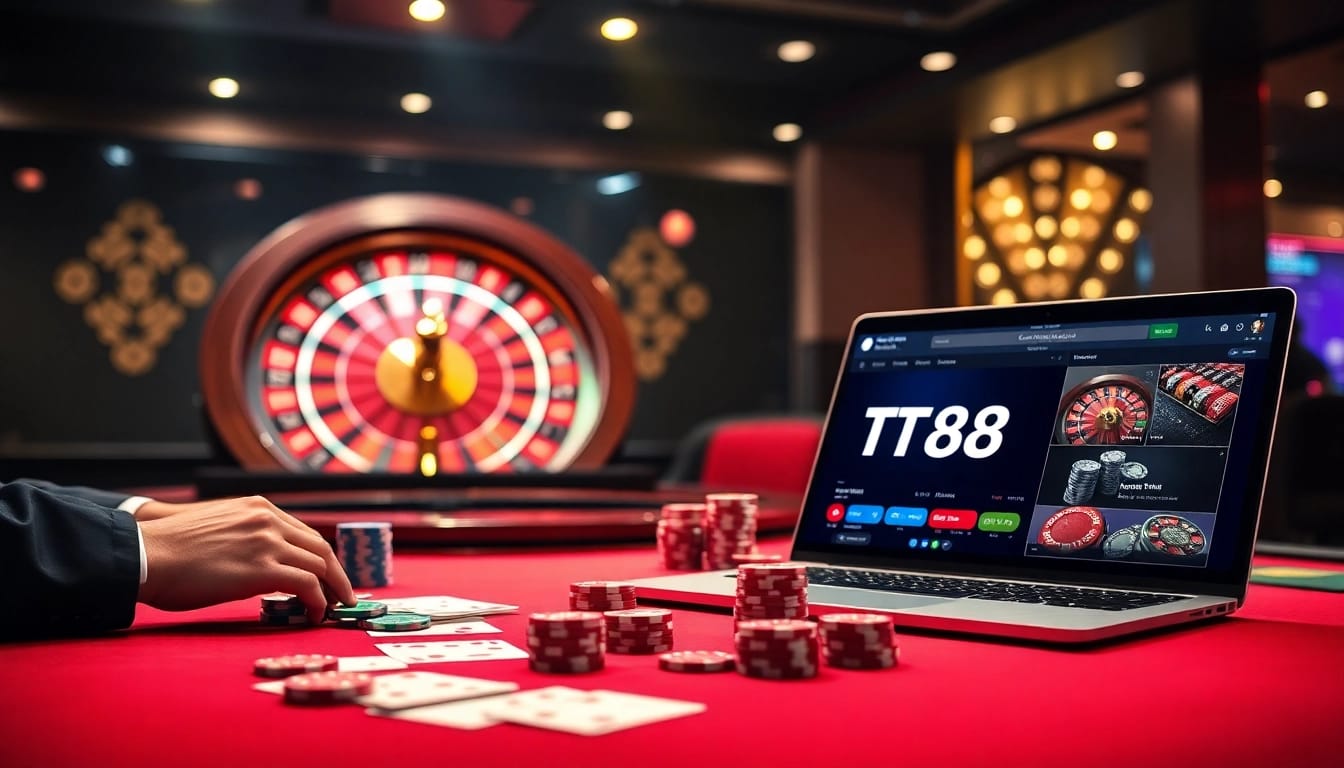 Experience thrilling online gaming at https://tt88.to/ showcasing a luxurious casino setup with poker chips and cards.