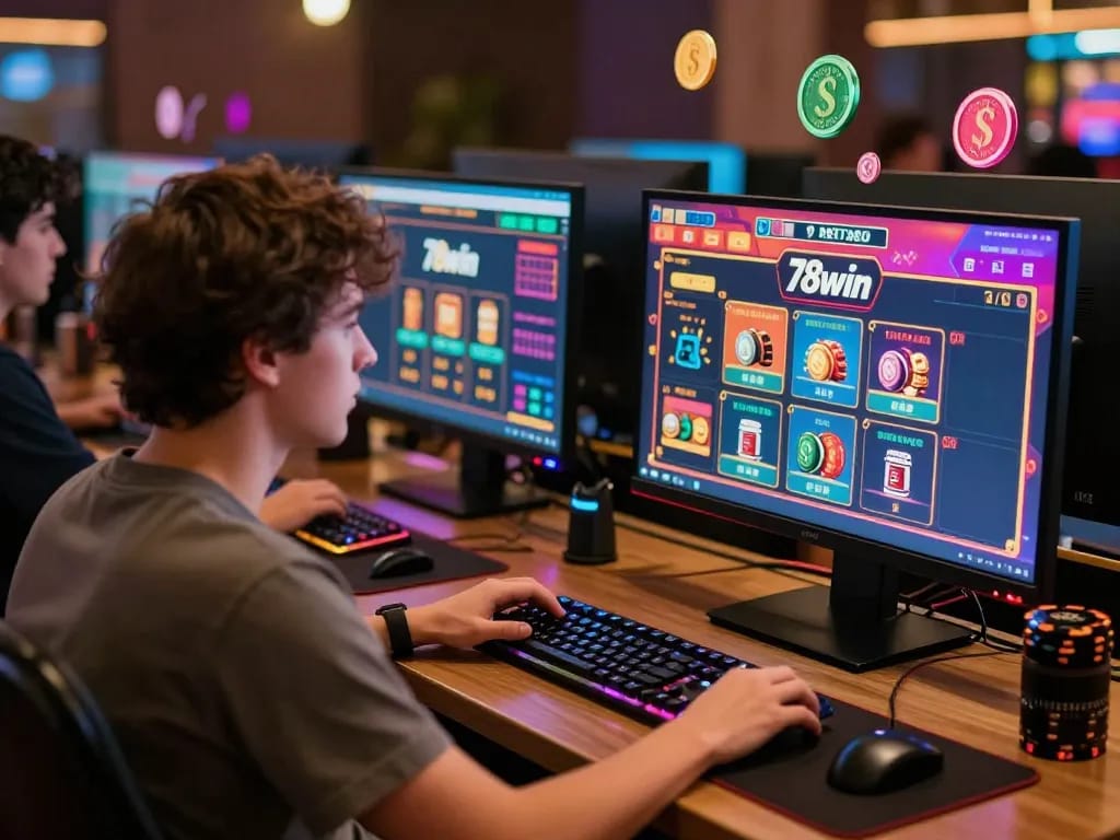 Exciting online betting experience with 78win logo in a vibrant casino environment.