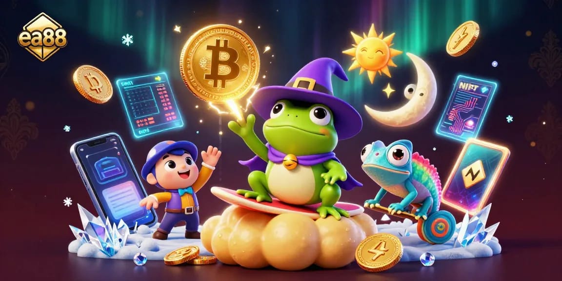 Experience thrilling gameplay with ea88 in this vibrant 3D casino world of golden coins and crypto elements.