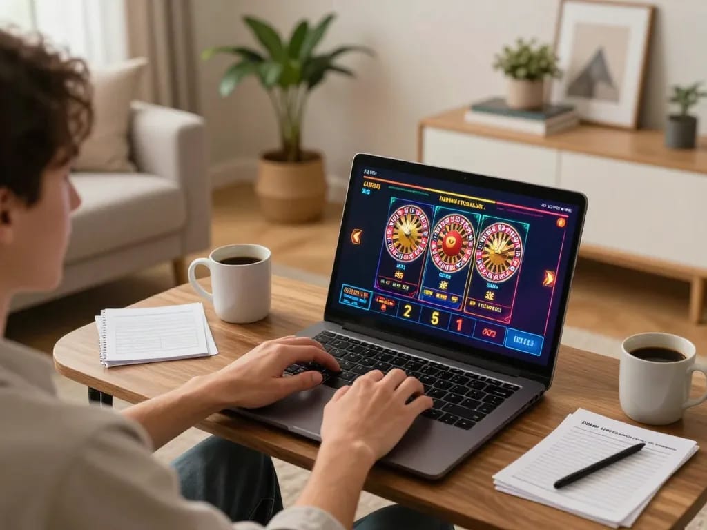 Engaging scene of online gaming at https://lucky88at.com/ with vibrant casino interface showing roulette action and cozy home setting