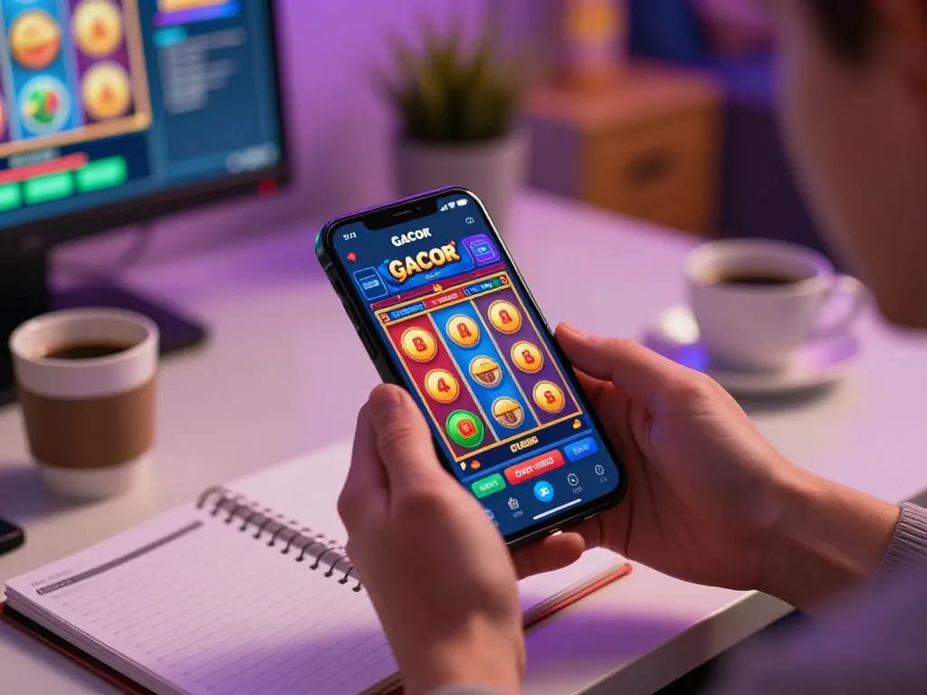 Engaging player using smartphone app to enjoy slot gacor games while efficiently managing bankroll.