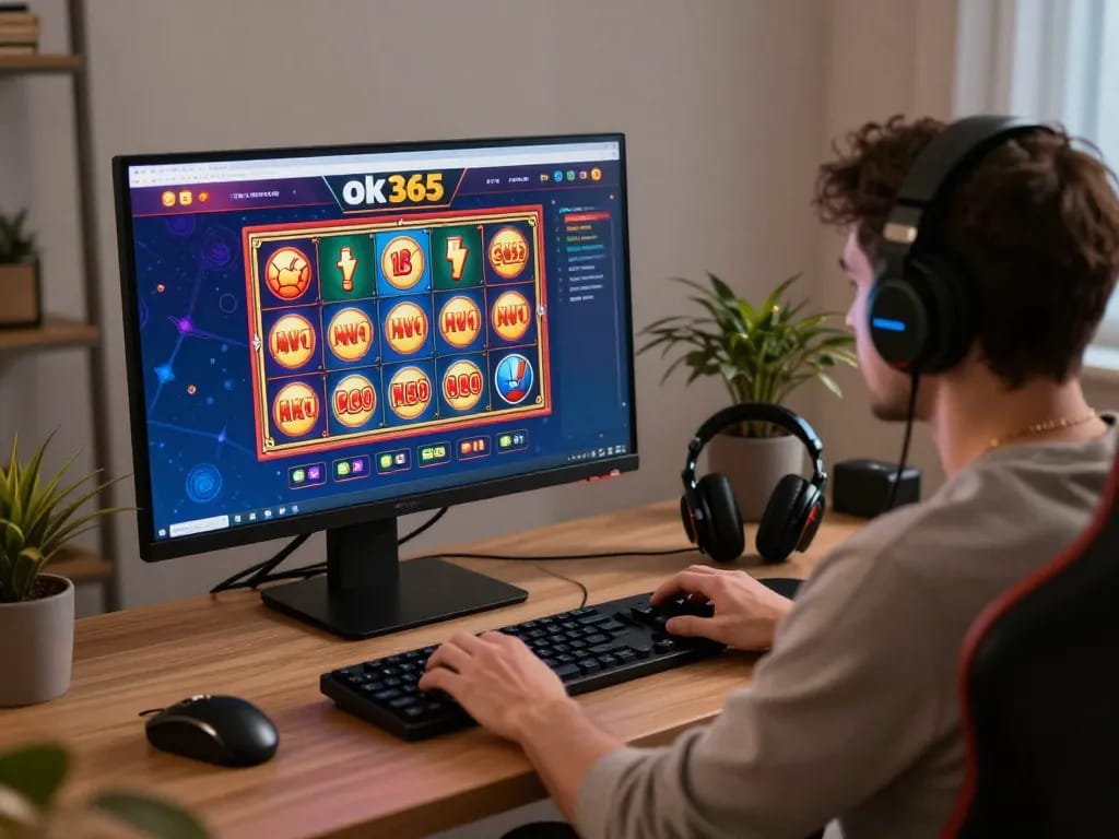 Engaging online casino experience with ok 365 interface showcasing vibrant slot games in a cozy home setup.