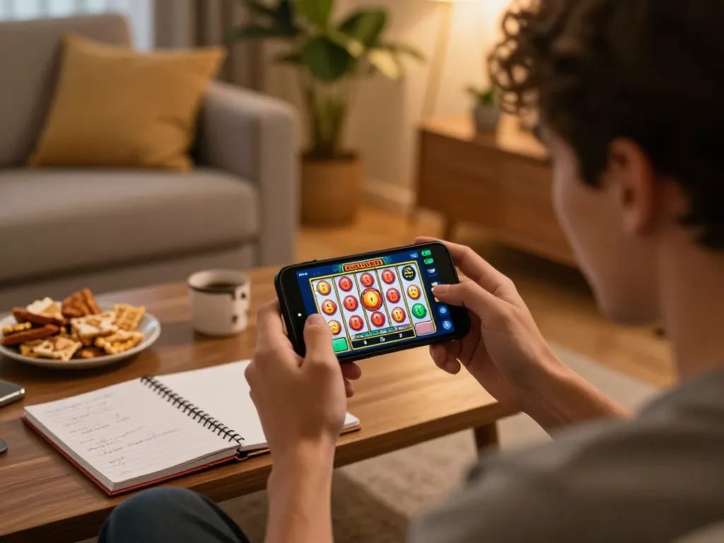 Engaging in Sloot Online gaming on a smartphone at home with snacks and strategy notes.