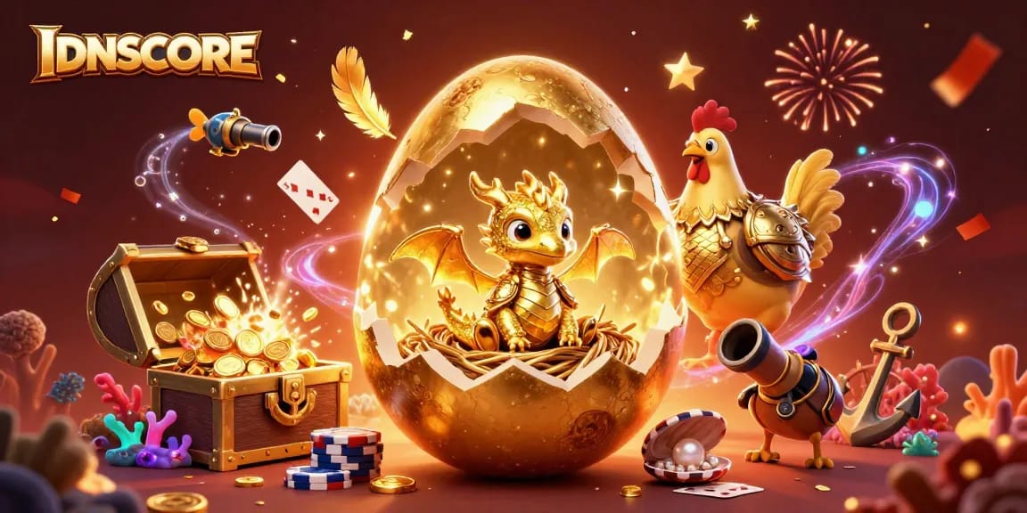 Experience IDNSCORE's winning opportunities with a golden dragon, poker chips, and casino treasures.
