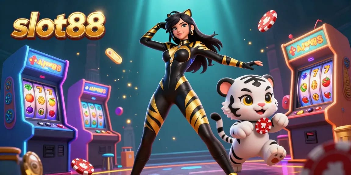 Spin the reels of slot88 with vibrant casino elements featuring a woman in a classy catsuit and playful tiger.