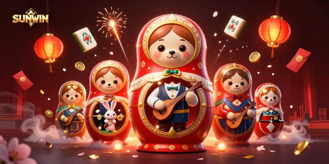 SUNWIN reveals an exciting casino scene with Matryoshka bears, casino dealers, and festive elements.