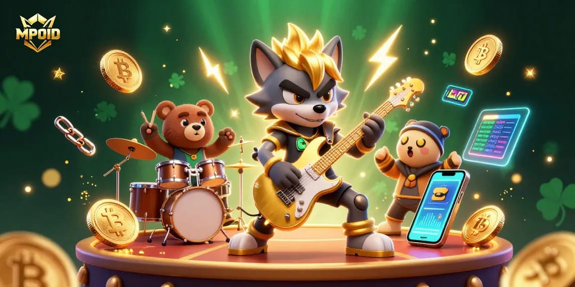 Experience the thrill with MPOID's energetic casino scene featuring cartoon characters and crypto elements.