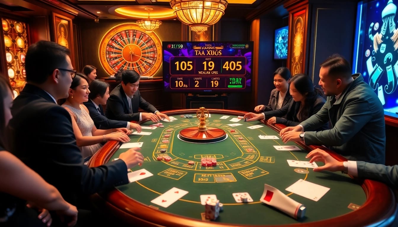 Tài xỉu md5 table with players engaging in an exciting game complete with colorful chips and dice.
