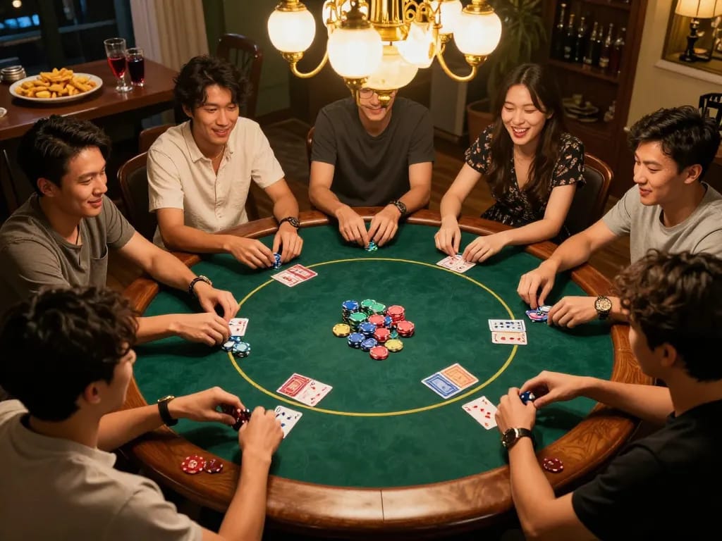 Tài Xỉu gameplay in a cozy home setting with players engaged around a table, showcasing excitement and strategy.