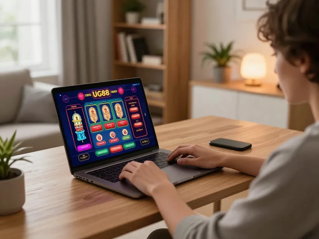 Engaged player experiencing online gambling at UG88 casino from home