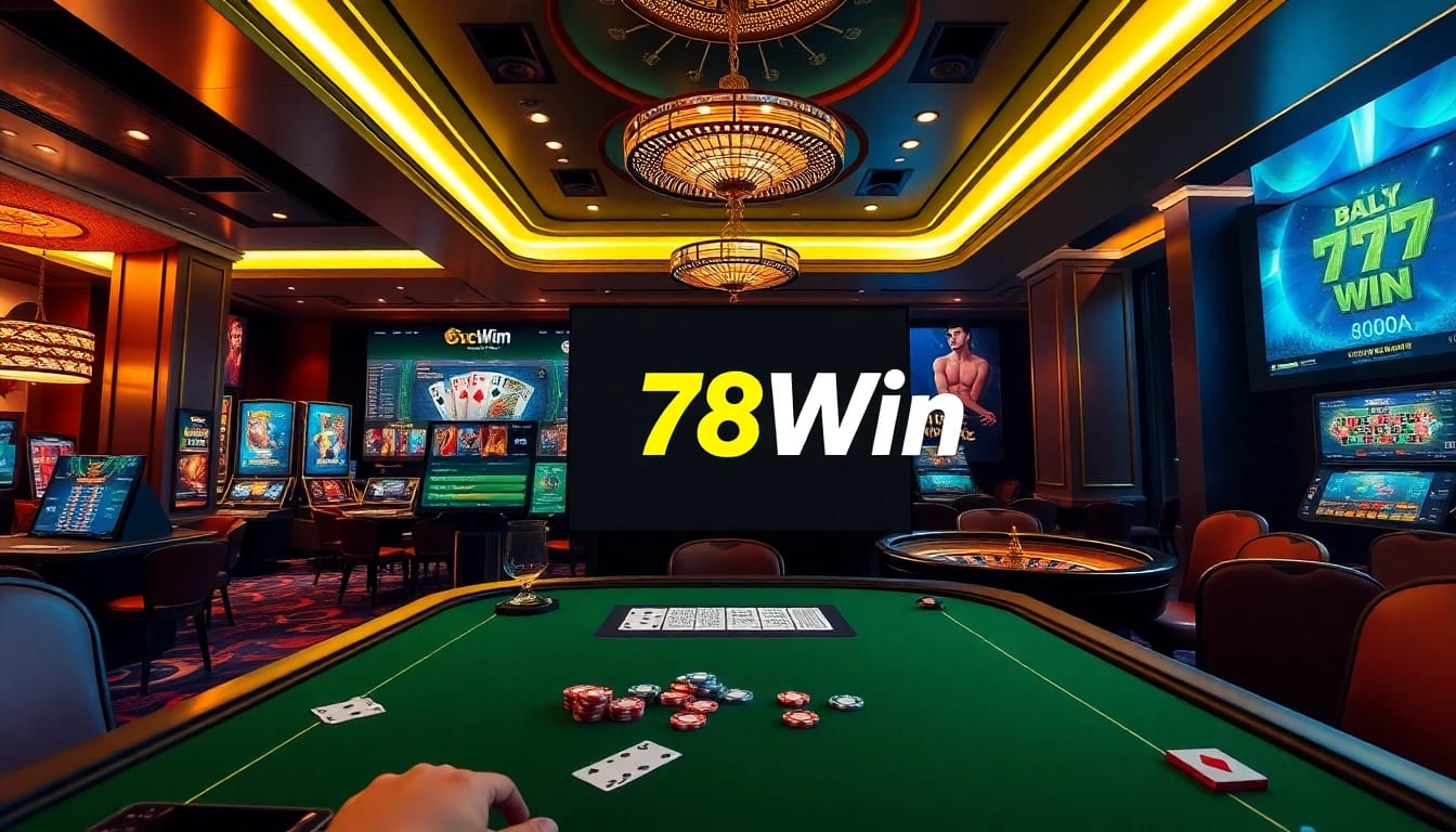 78Win casino scene showcasing online gaming excitement with poker chips and vibrant interface.