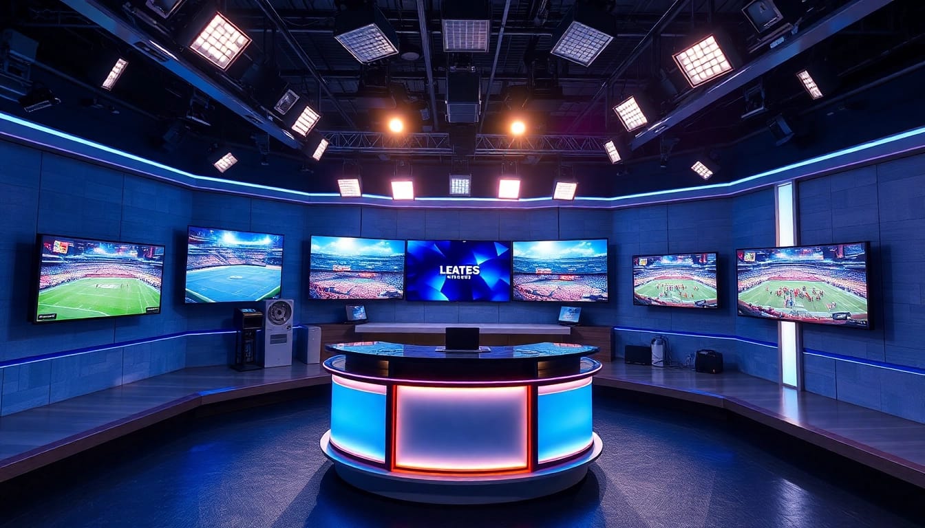 Engaging sports broadcasting studio with anchors discussing latest sports news.