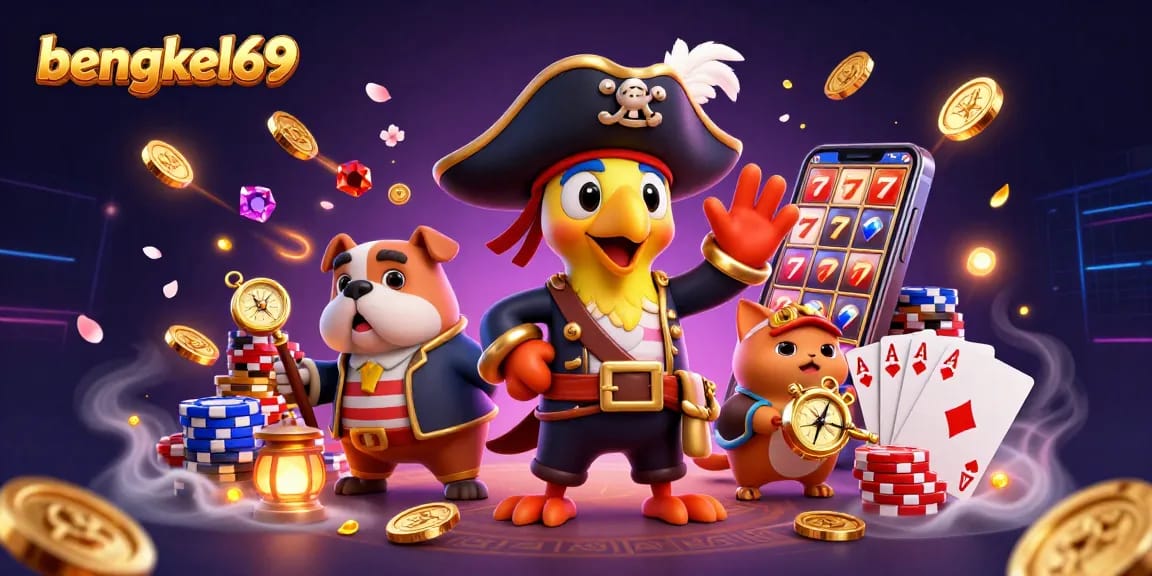 Bengkel69 showcases a vibrant 3D pirate-themed casino illustration with captivating game elements enhancing player experience.