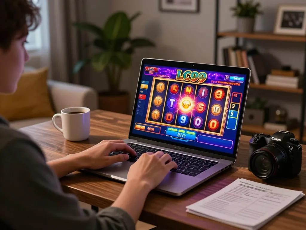 Player enjoying LC99 online slots on laptop in cozy living room, blending leisure and strategy.