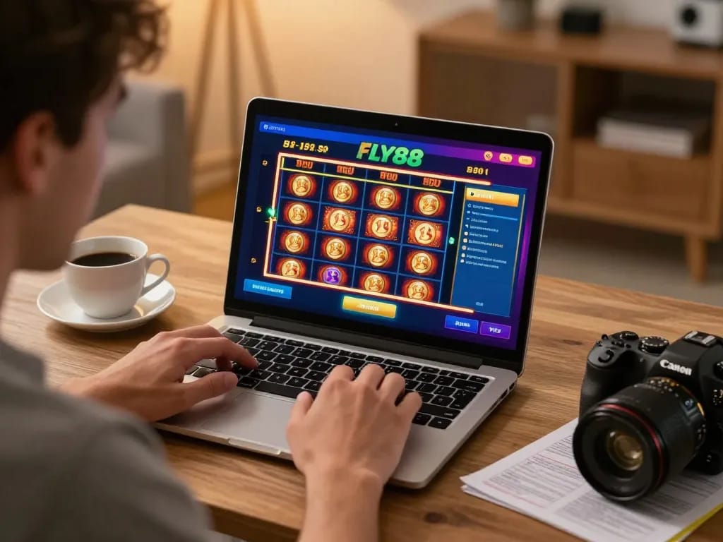 Player spinning the reels on FLY88 while enjoying a cozy online gaming experience at home.