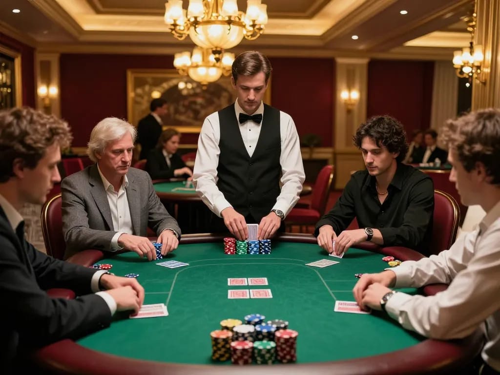 98WIN players strategizing at a poker table in a luxurious casino environment.