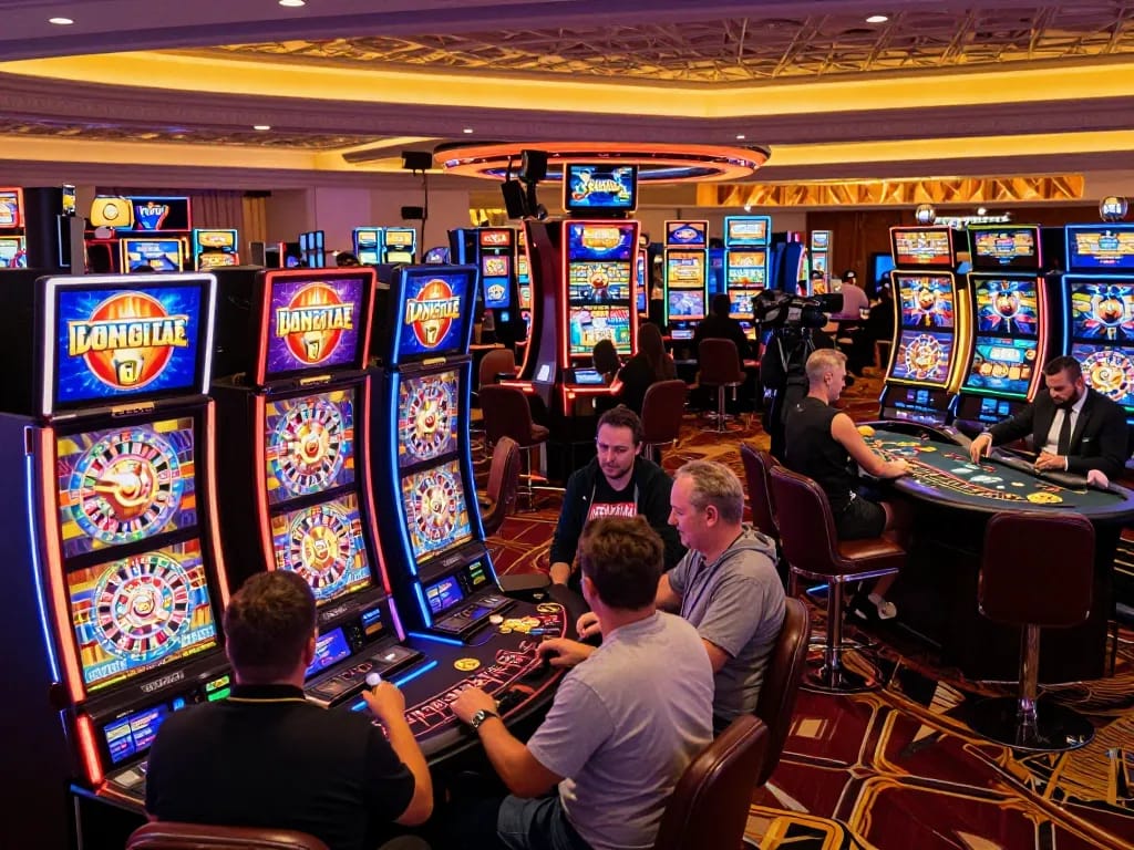 Pemain menikmati permainan slot yang mendebarkan di 88Pulsa dalam suasana kasino Las Vegas yang penuh warna.