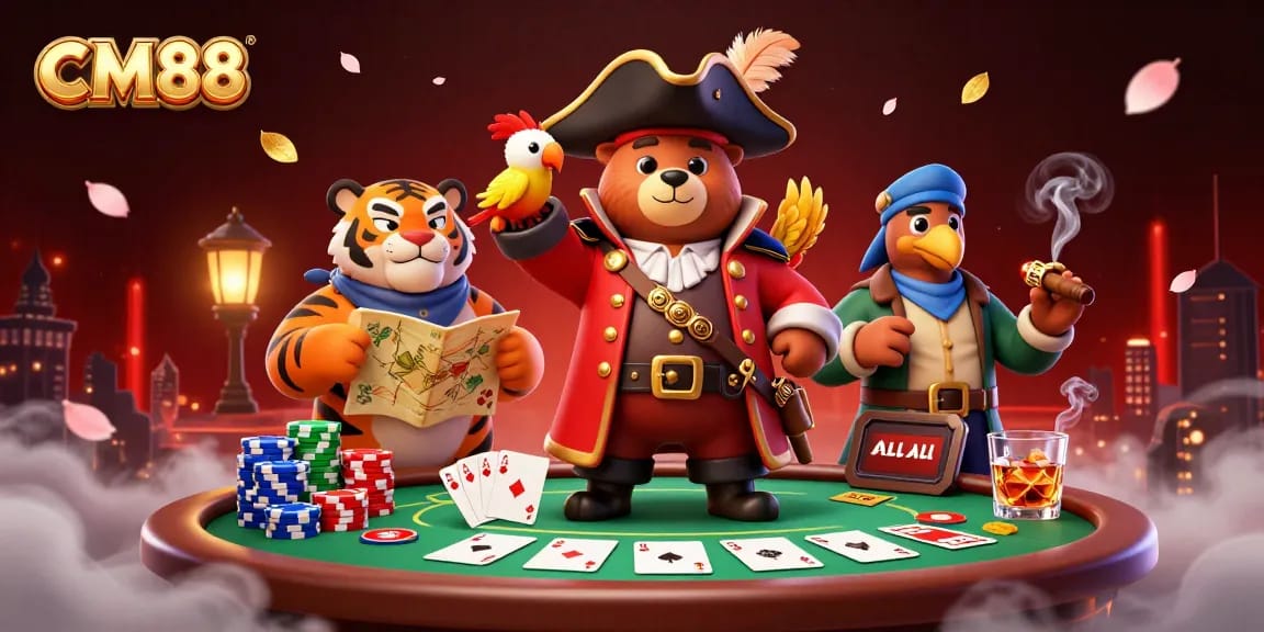 Engage in thrilling poker adventures with CM88's dynamic casino scene featuring vibrant characters and game elements.