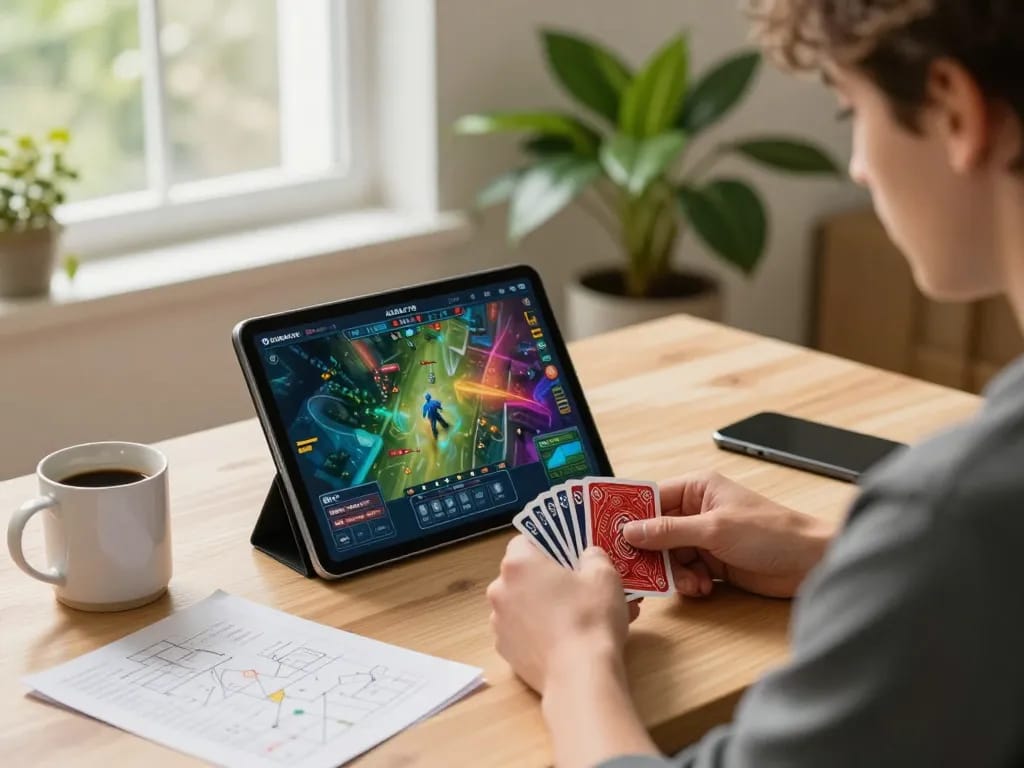 KADAL778 player analyzing cards on tablet while enjoying an engaging online gaming experience.