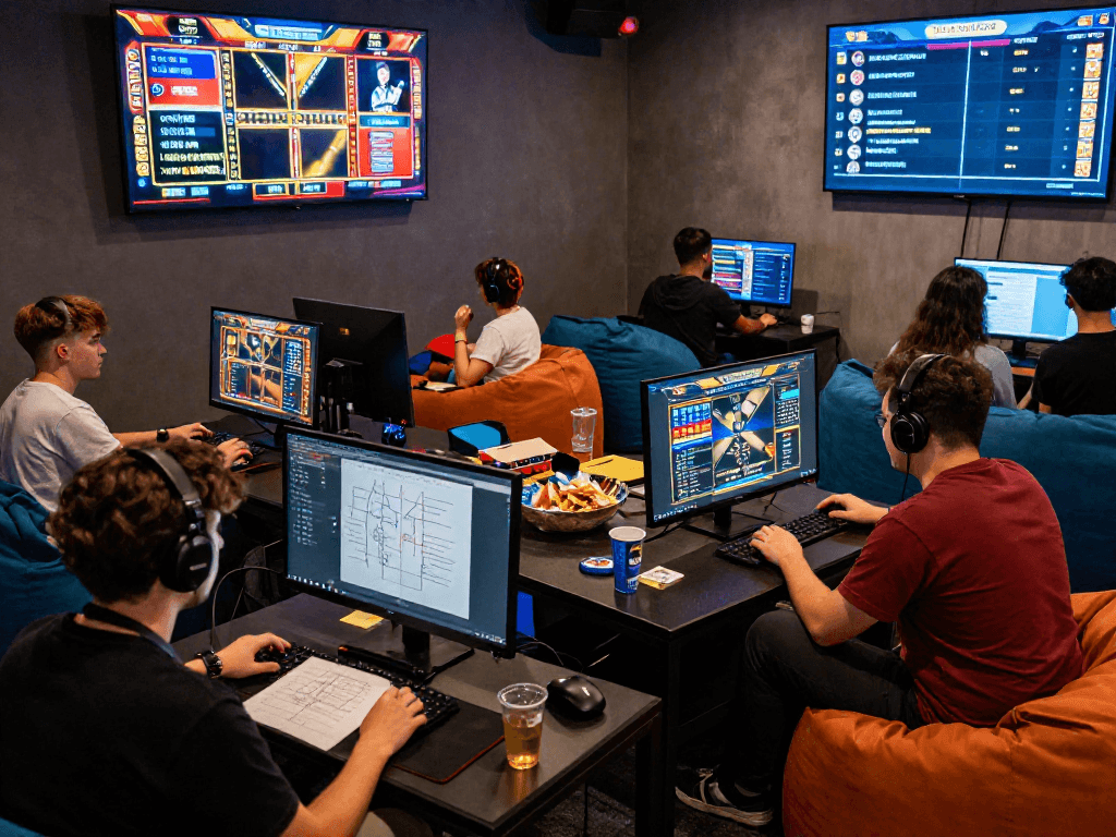 Players engaging in online gaming with RTP slot hari ini data visible on screens and diagrams, showcasing modern slot strategies.