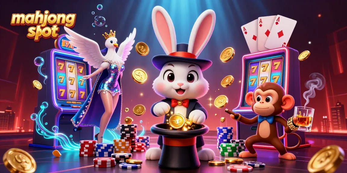 Experience the thrill with mahjong slot, showcasing vibrant 3D characters and a dynamic casino scene filled with action.
