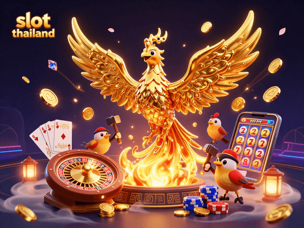 Mengguncang slot thailand dengan phoenix emas yang mengeluarkan koin, dikelilingi permainan kasino yang spektakuler.