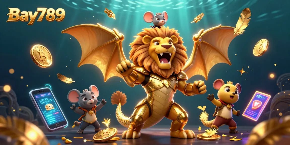 Bay789 captures the thrill of online gambling with a triumphant chimera and crypto elements in a vibrant setting.