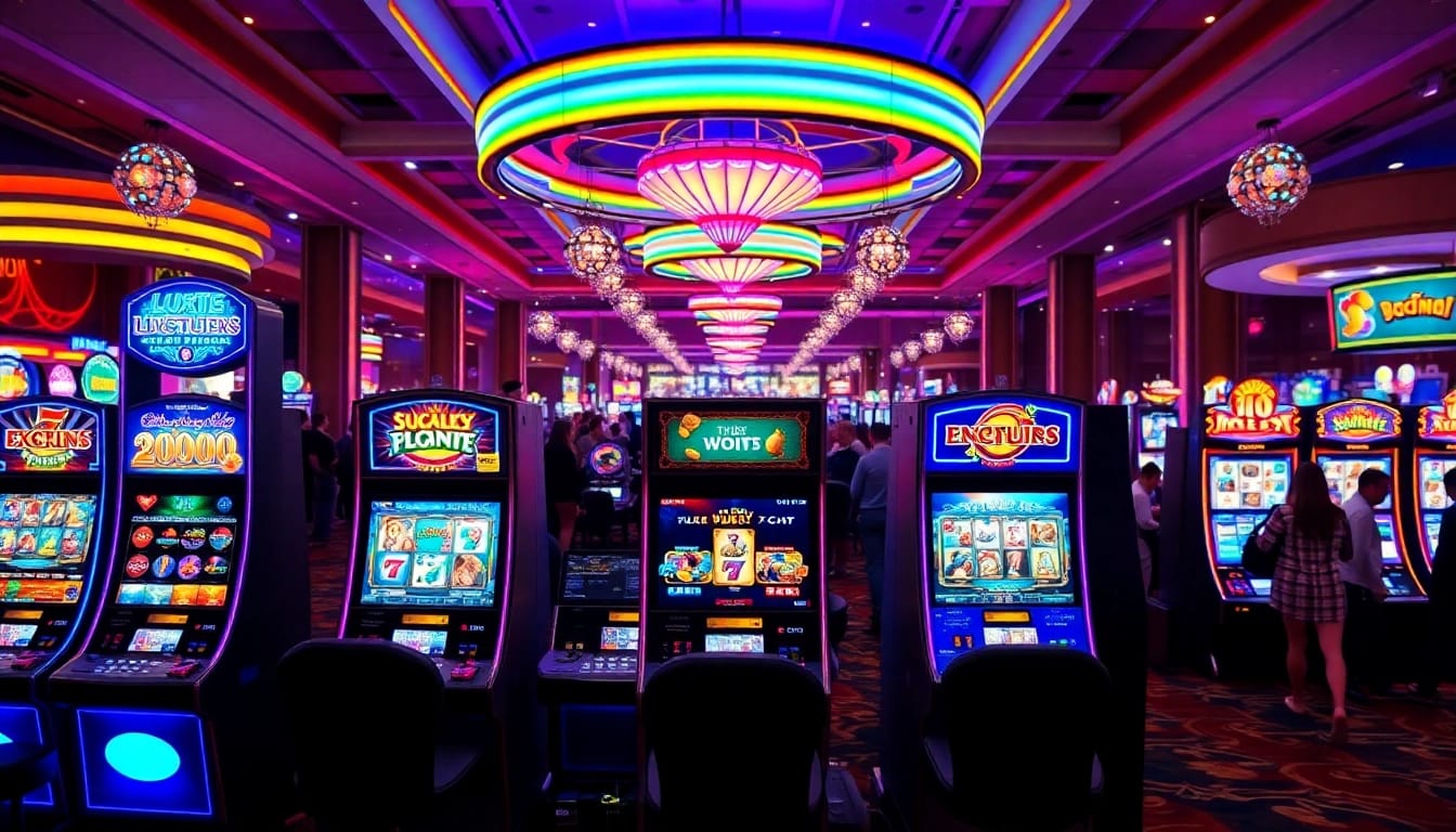 Slot permainan kasino dengan latar ramai dan cerah, menarik perhatian pemain di casino.